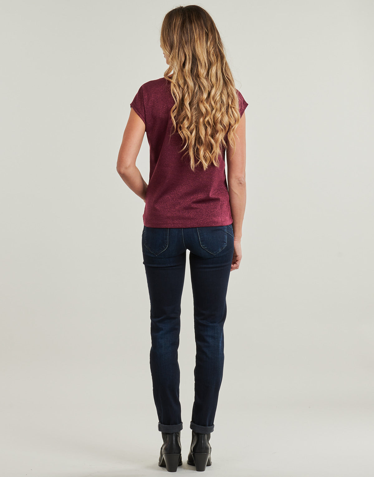 T-shirt Donna Only ONLSILVERY S/S V NECK LUREX TOP JRS Bordeaux