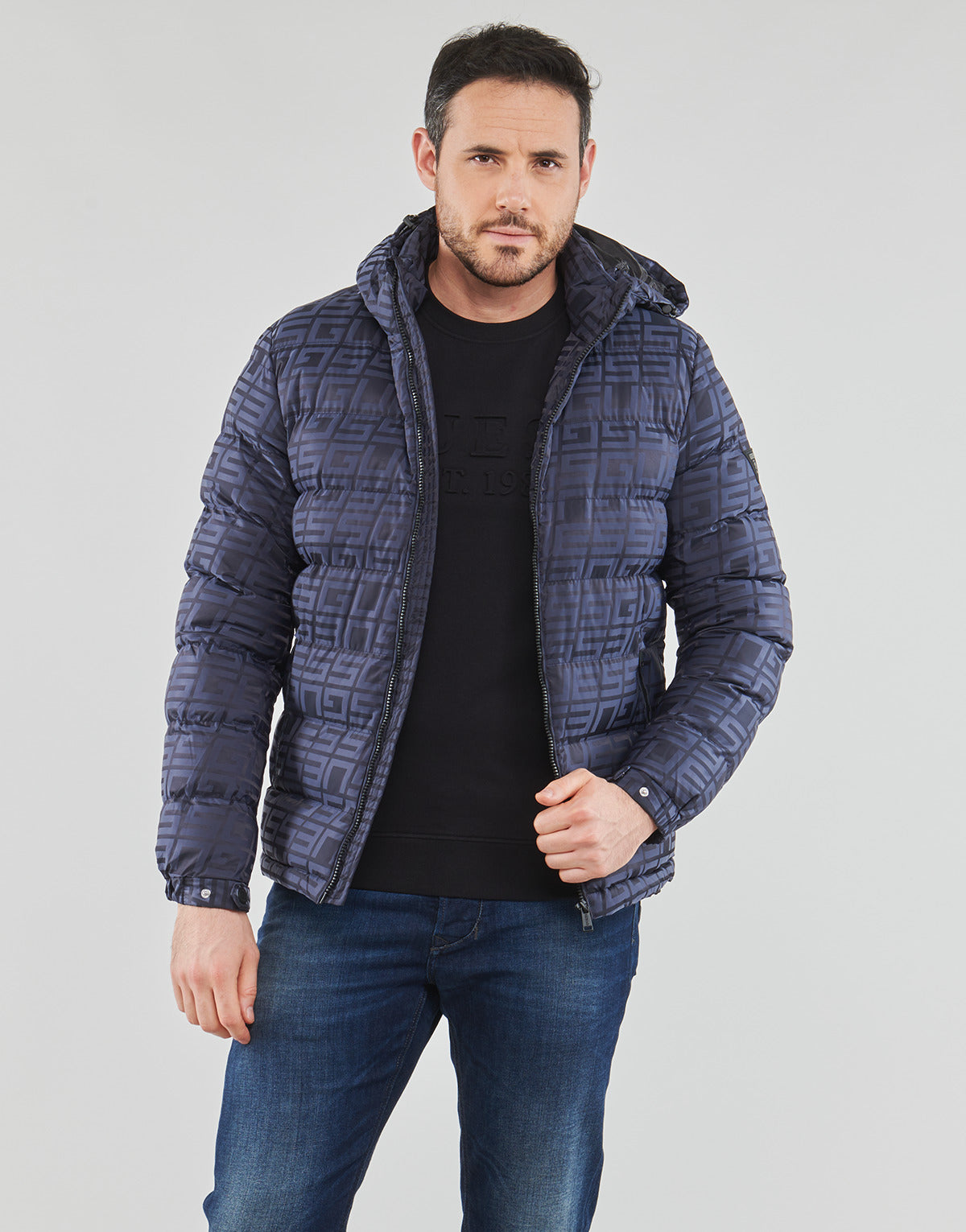 Piumino Uomo Guess ALLOVER LOGO PUFFA Grigio