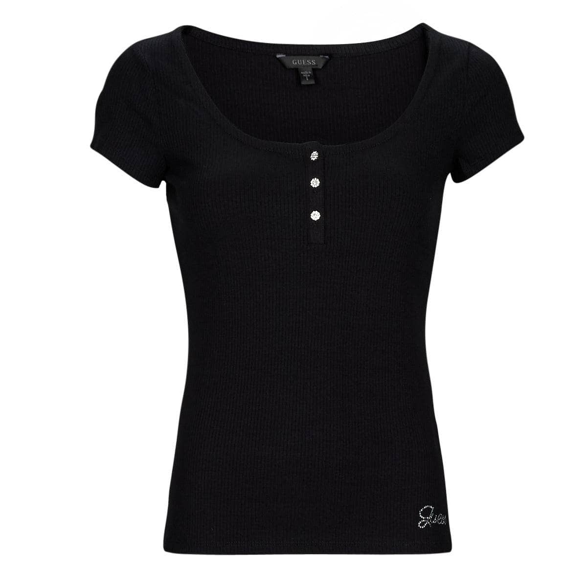 T-shirt Donna Guess ES SS KARLEE JEWEL BTN HENLEY Nero