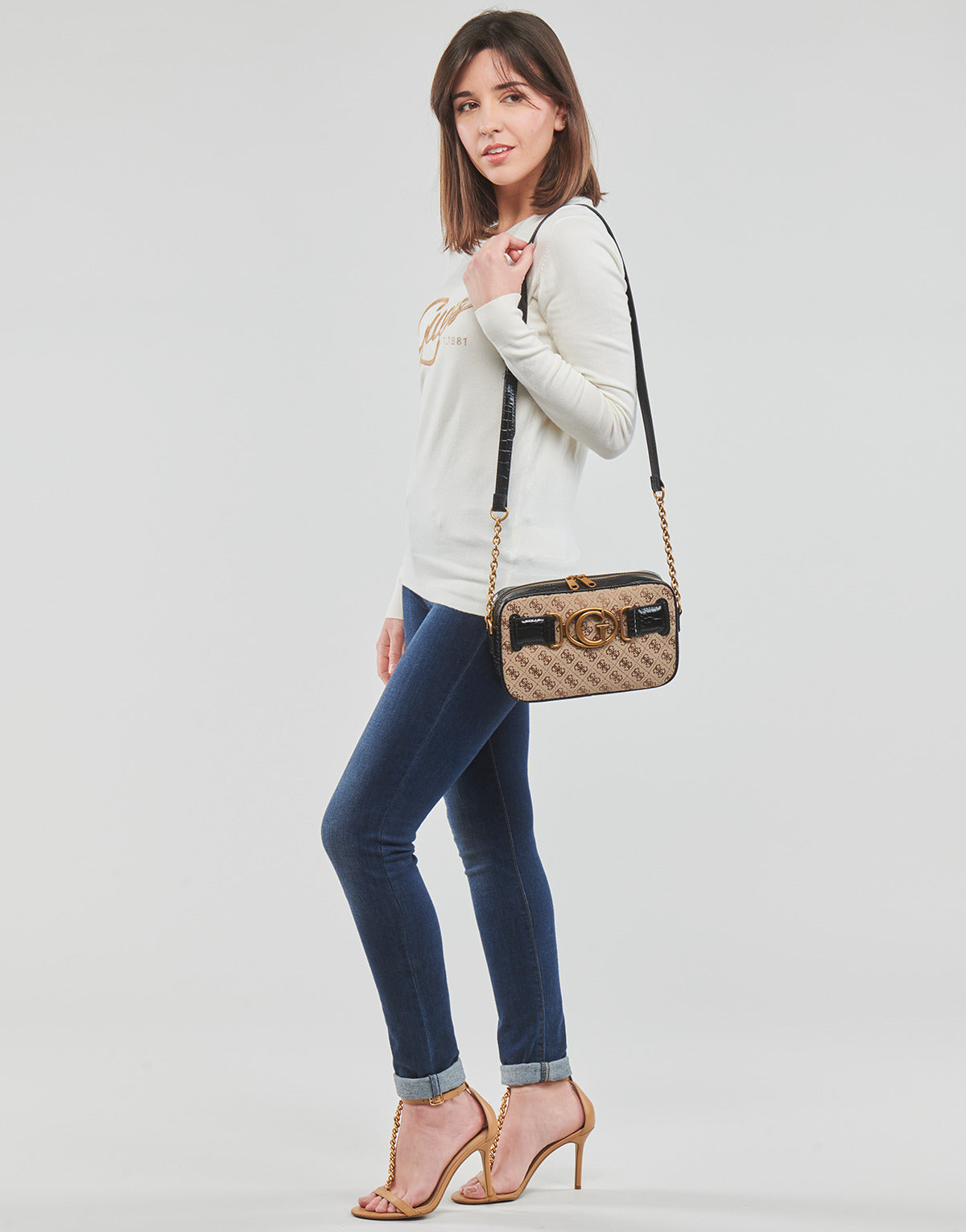 Felpa Donna Guess LS EDIE RN TONAL LOGO SWTR Bianco