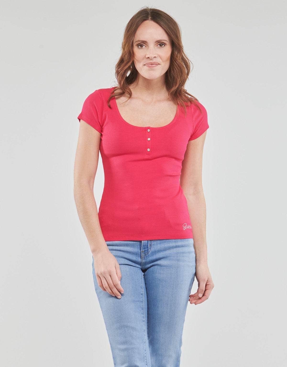 T-shirt Donna Guess SS KARLEE JEWEL BTN HENLEY Rosa