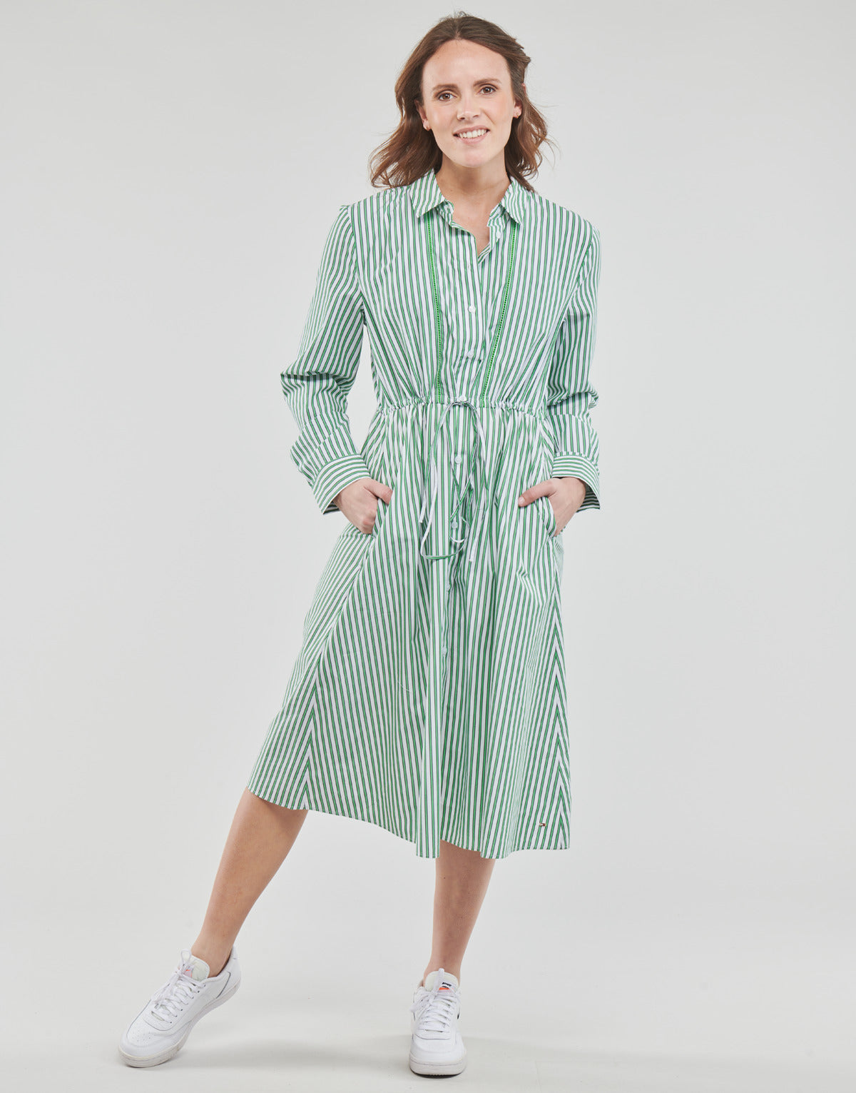 Abito corto Donna Tommy Hilfiger ORG CO STRIPE MIDI SHIRT-DRESS Bianco