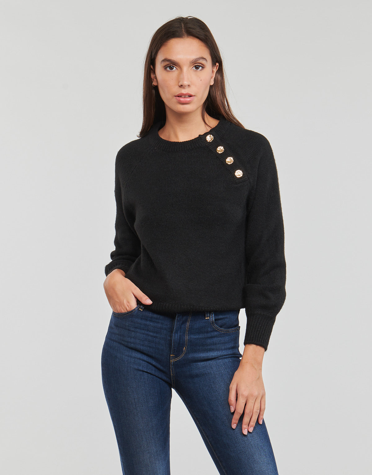 Maglione Donna Only  ONLEMMA LS BUTTON ONECK KNT  Nero