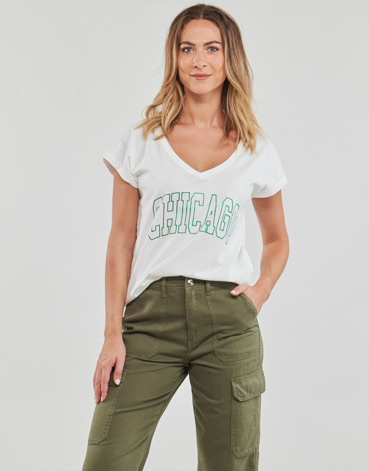 T-shirt Donna Only  ONLKELLY S/S V-NECK TOP BOX CS JRS  Bianco