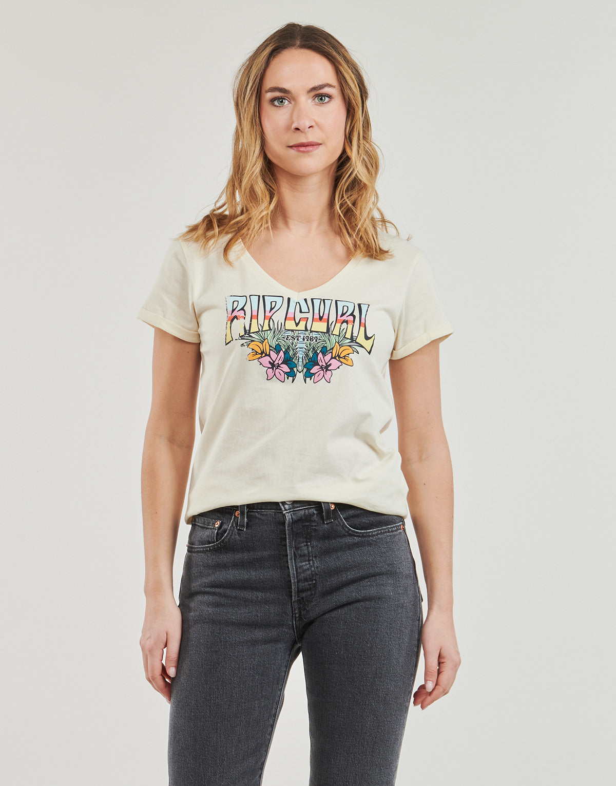 T-shirt Donna Rip Curl  BLOCK PARTY V TEE  Bianco