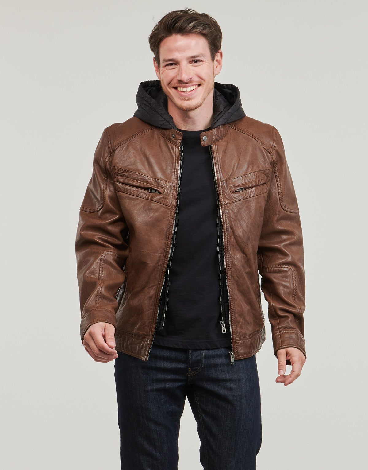 Giacca in pelle Uomo Oakwood  DRIVE 2 (nylon hood)  Marrone