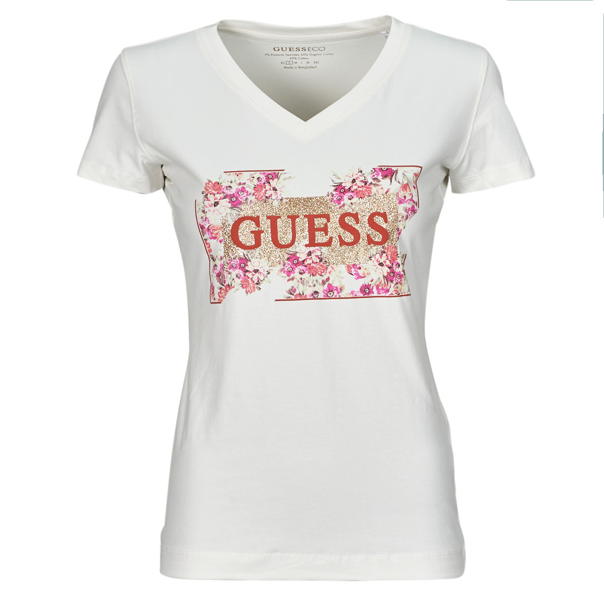 T-shirt Donna Guess  LOGO FLOWERS  Bianco