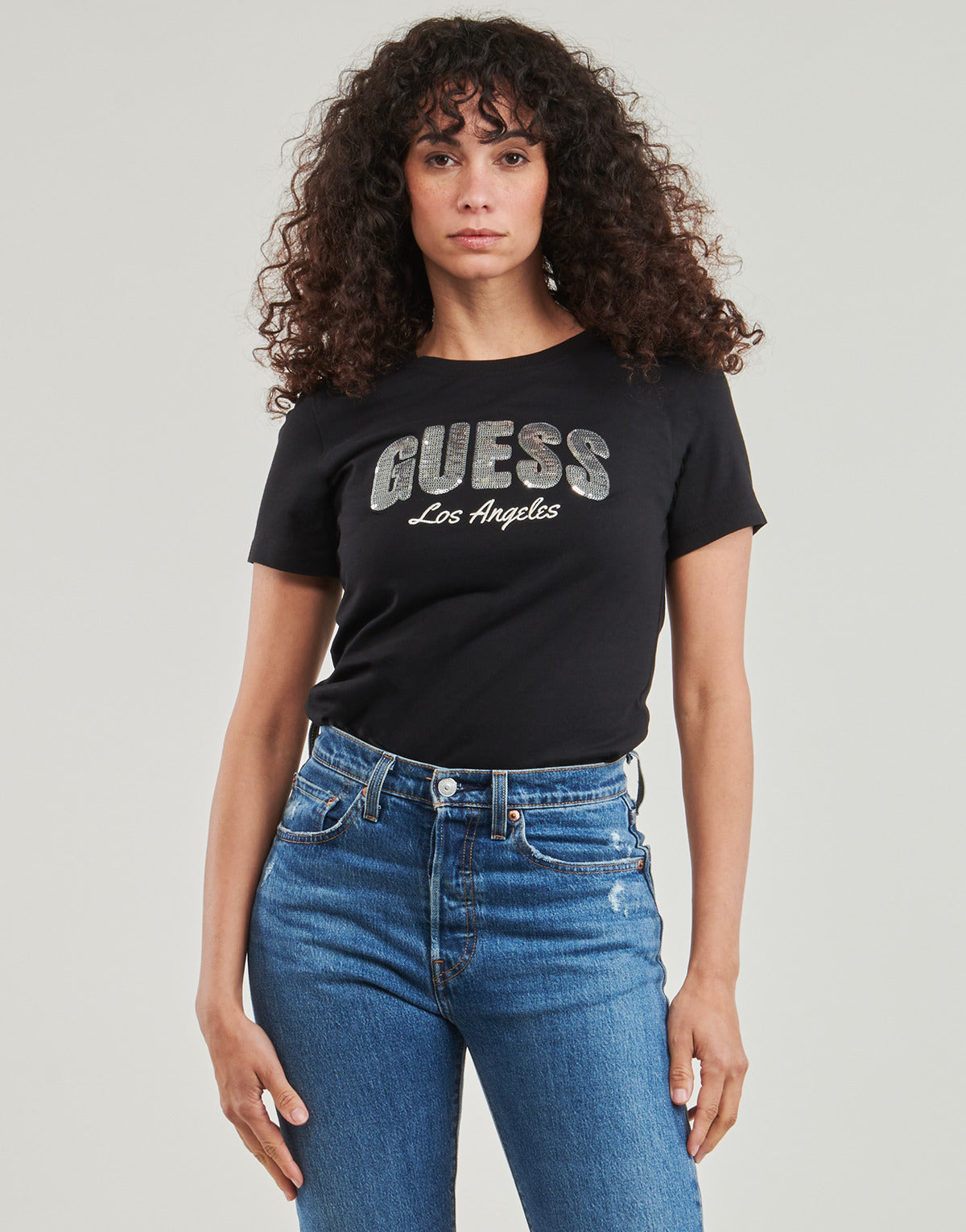 T-shirt Donna Guess  SEQUINS LOGO TEE  Nero