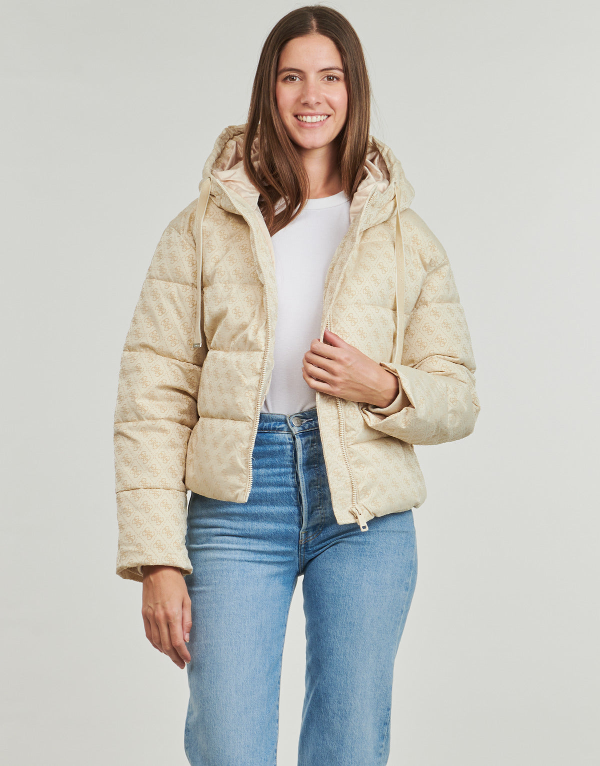 Piumino Donna Guess DAISY PUFFER LOGO FLOCK Beige