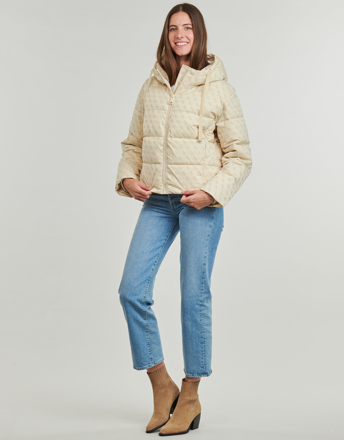 Piumino Donna Guess DAISY PUFFER LOGO FLOCK Beige