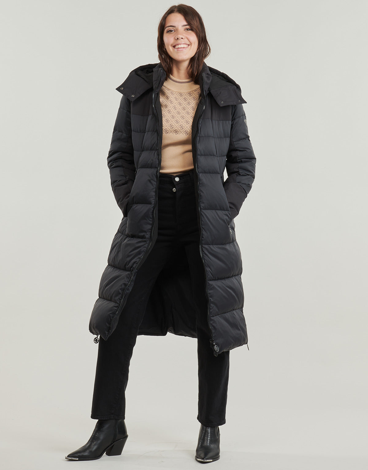 Piumino Donna Guess CAROLYN LONG REAL DOWN JKT Nero
