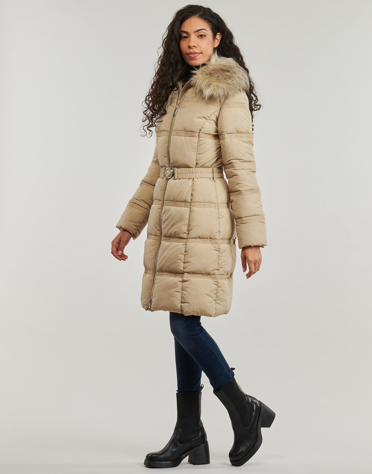 Piumino Donna Guess NEW MARISOL LONG BELTED JACKET Beige