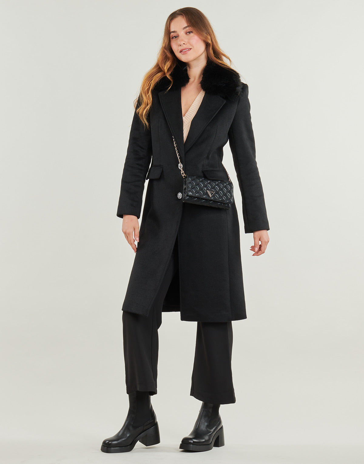 Mantella Donna Guess  NANCY FIT COAT FAUX FUR COLLAR  Nero