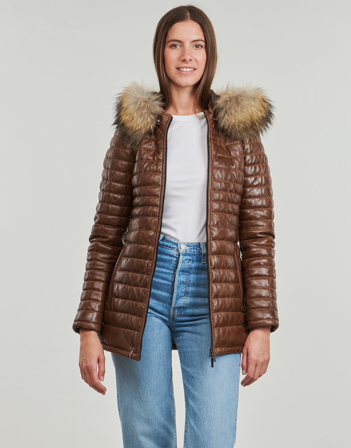 Piumino Donna Oakwood POPPING (removable raccoon fur) Marrone