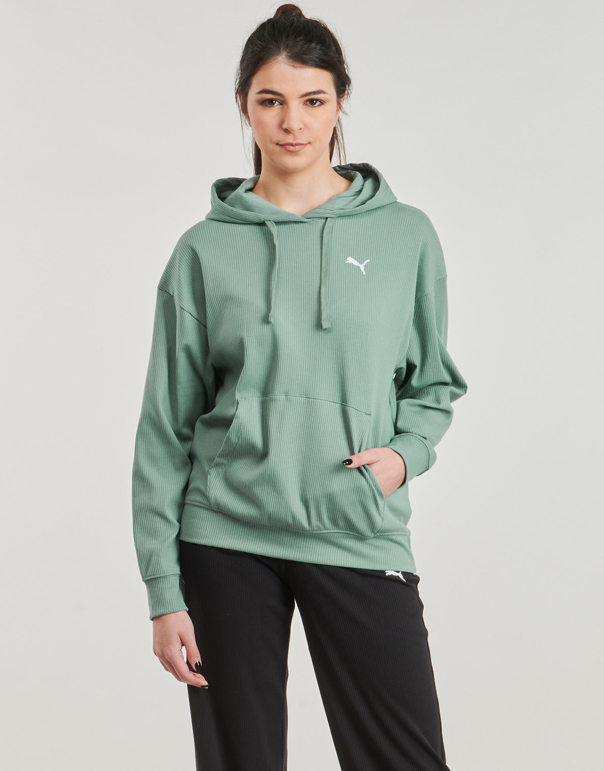 Felpa Donna Puma ESS ELEVATED RIB HOODIE Verde
