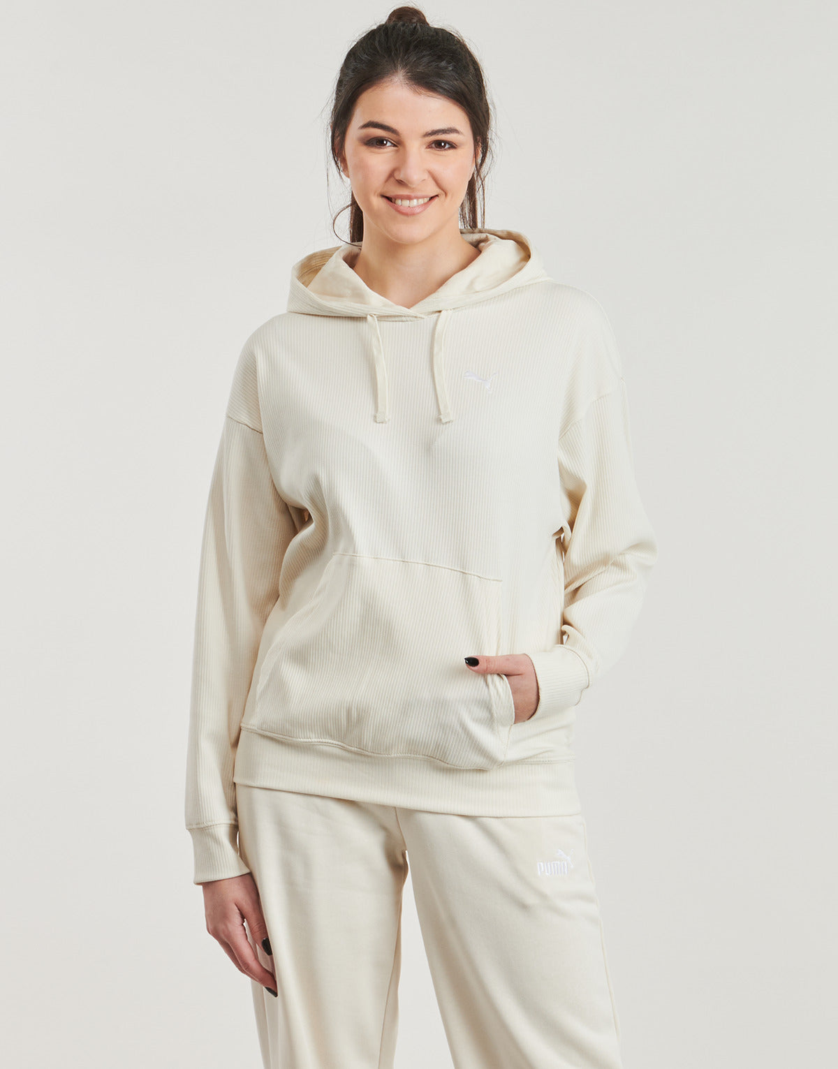 Felpa Donna Puma ESS ELEVATED RIB HOODIE Beige
