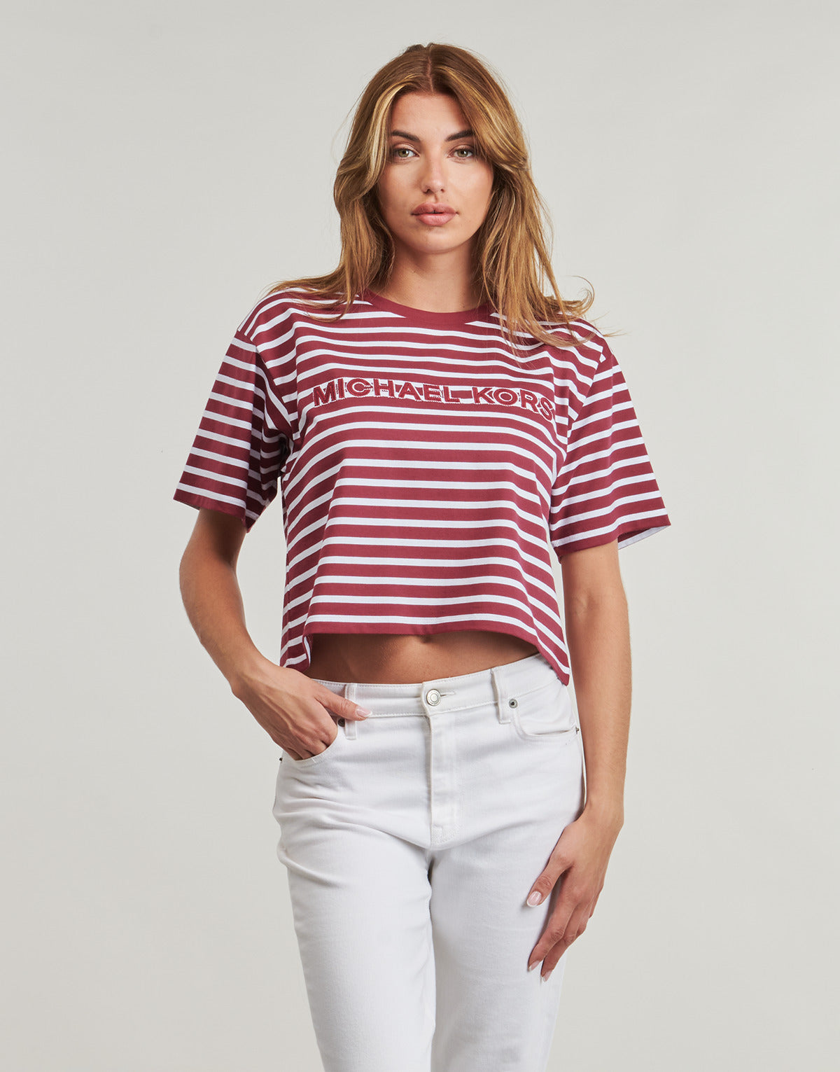 T-shirt Donna MICHAEL Michael Kors YD STRIPED CROP LOGO TEE Bordeaux