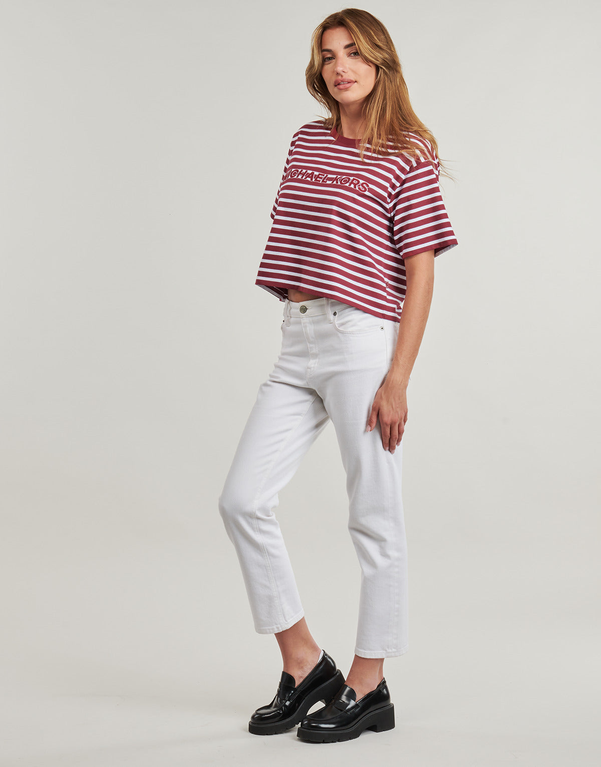 T-shirt Donna MICHAEL Michael Kors YD STRIPED CROP LOGO TEE Bordeaux