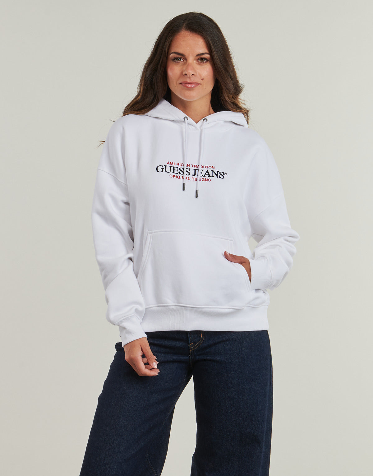 Felpa Donna Guess  GJ HOOD OS AMERICAN  Bianco