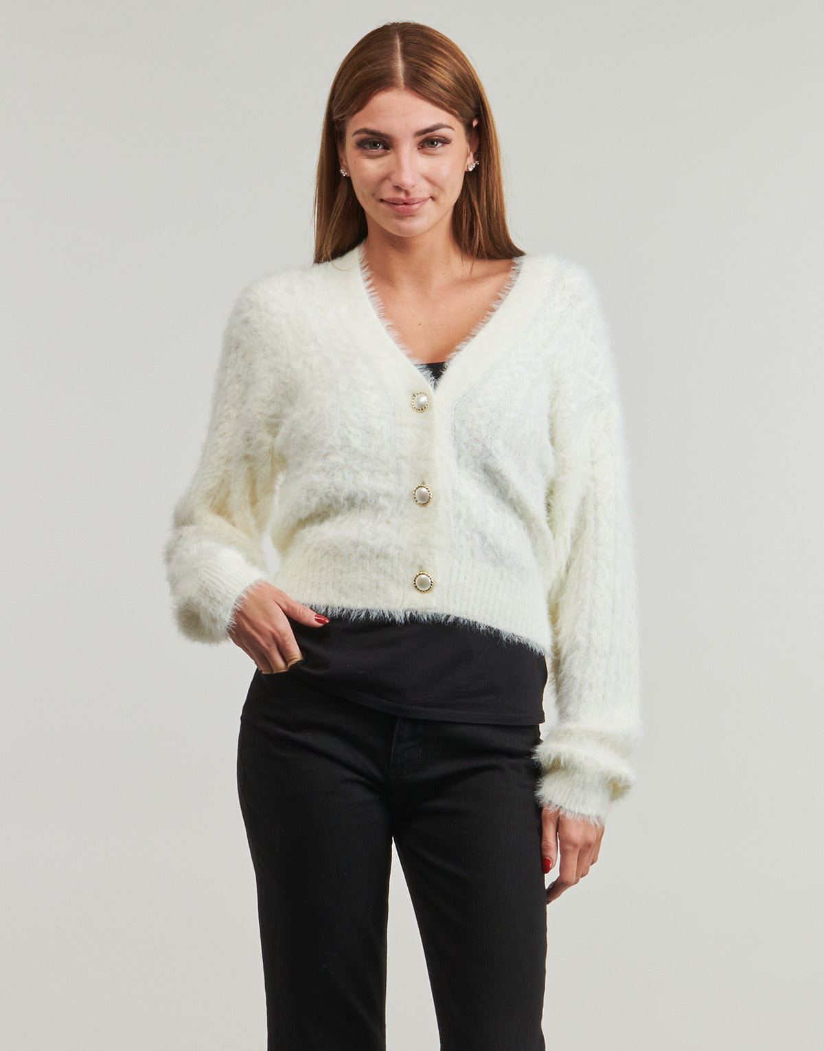 Gilet / Cardigan Donna Guess  KINAKO FUZZY  Bianco