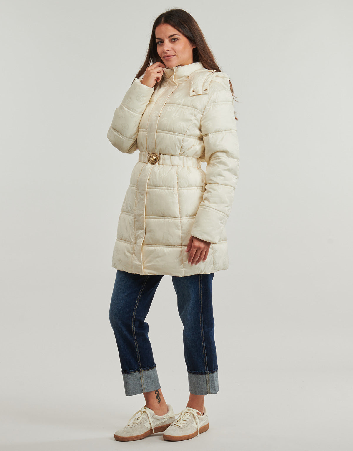 Piumino Donna Guess  IMMA LOGO MIDI  Beige