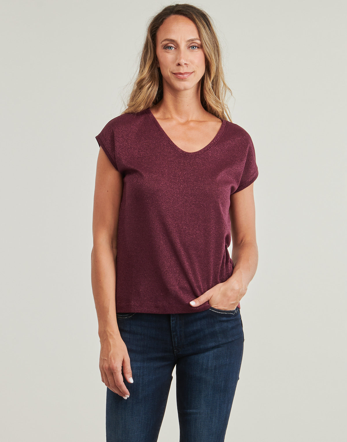 T-shirt Donna Only  ONLSILVERY S/S V NECK LUREX TOP JRS  Bordeaux