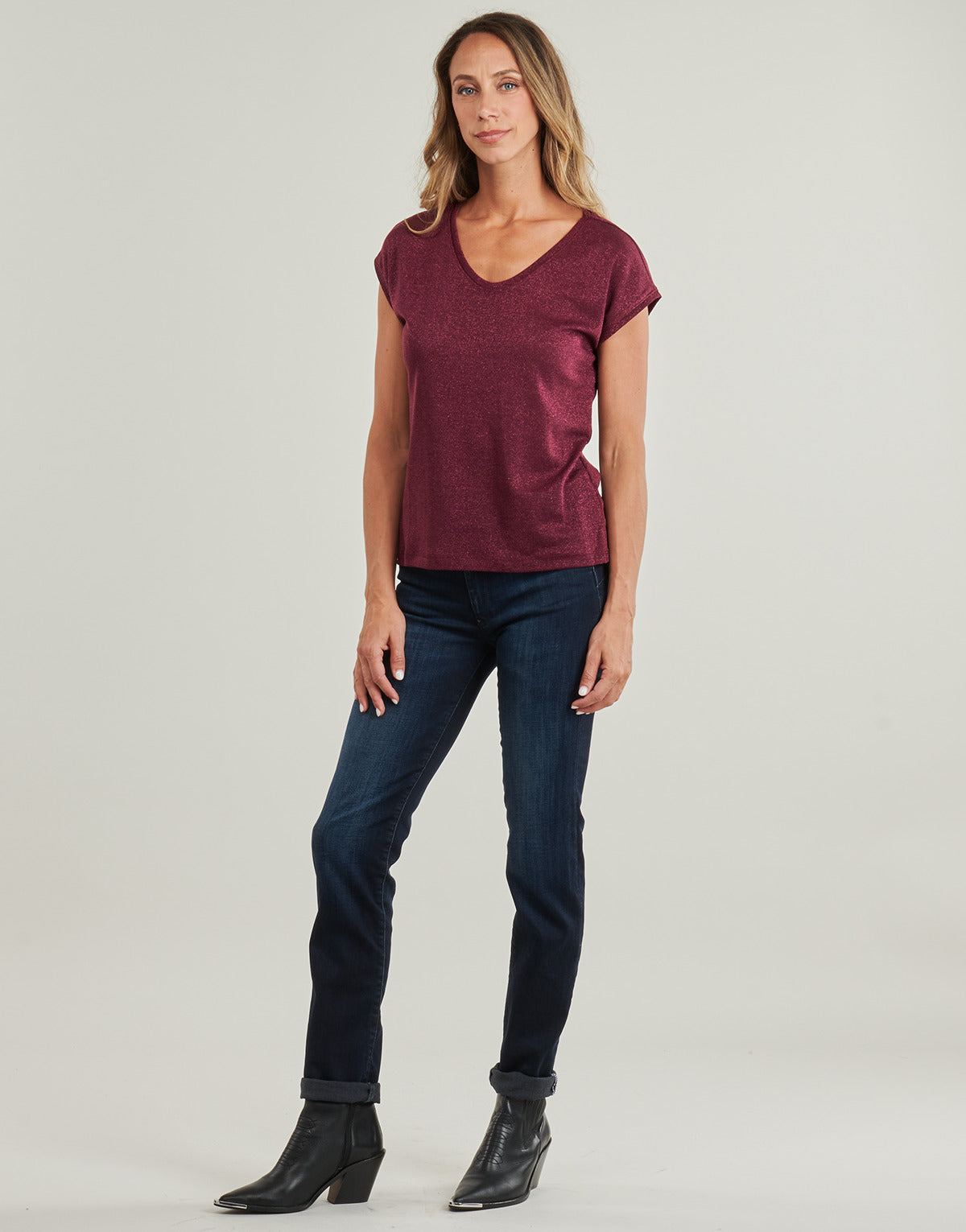 T-shirt Donna Only  ONLSILVERY S/S V NECK LUREX TOP JRS  Bordeaux