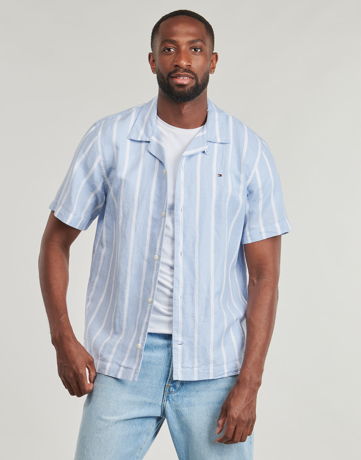 Camicia a maniche corte Uomo Tommy Hilfiger LINEN BLEND STRIPED SS RF SHIRT Blu