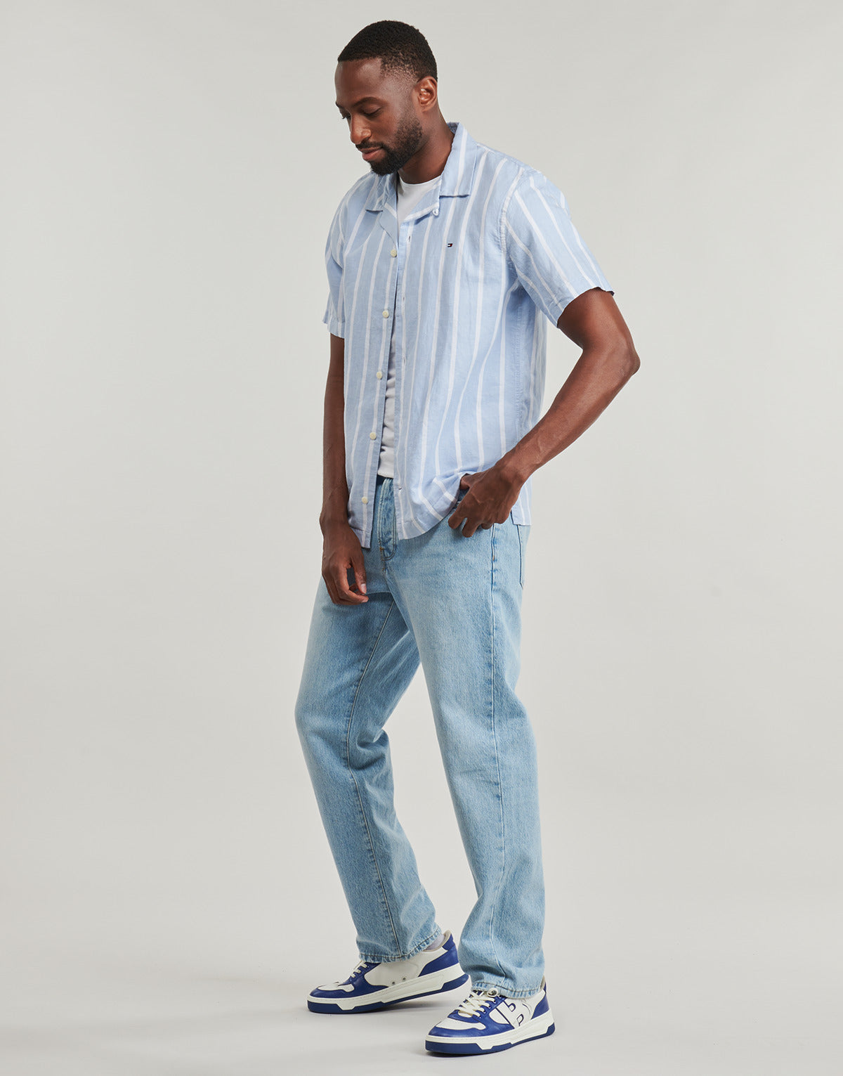 Camicia a maniche corte Uomo Tommy Hilfiger LINEN BLEND STRIPED SS RF SHIRT Blu