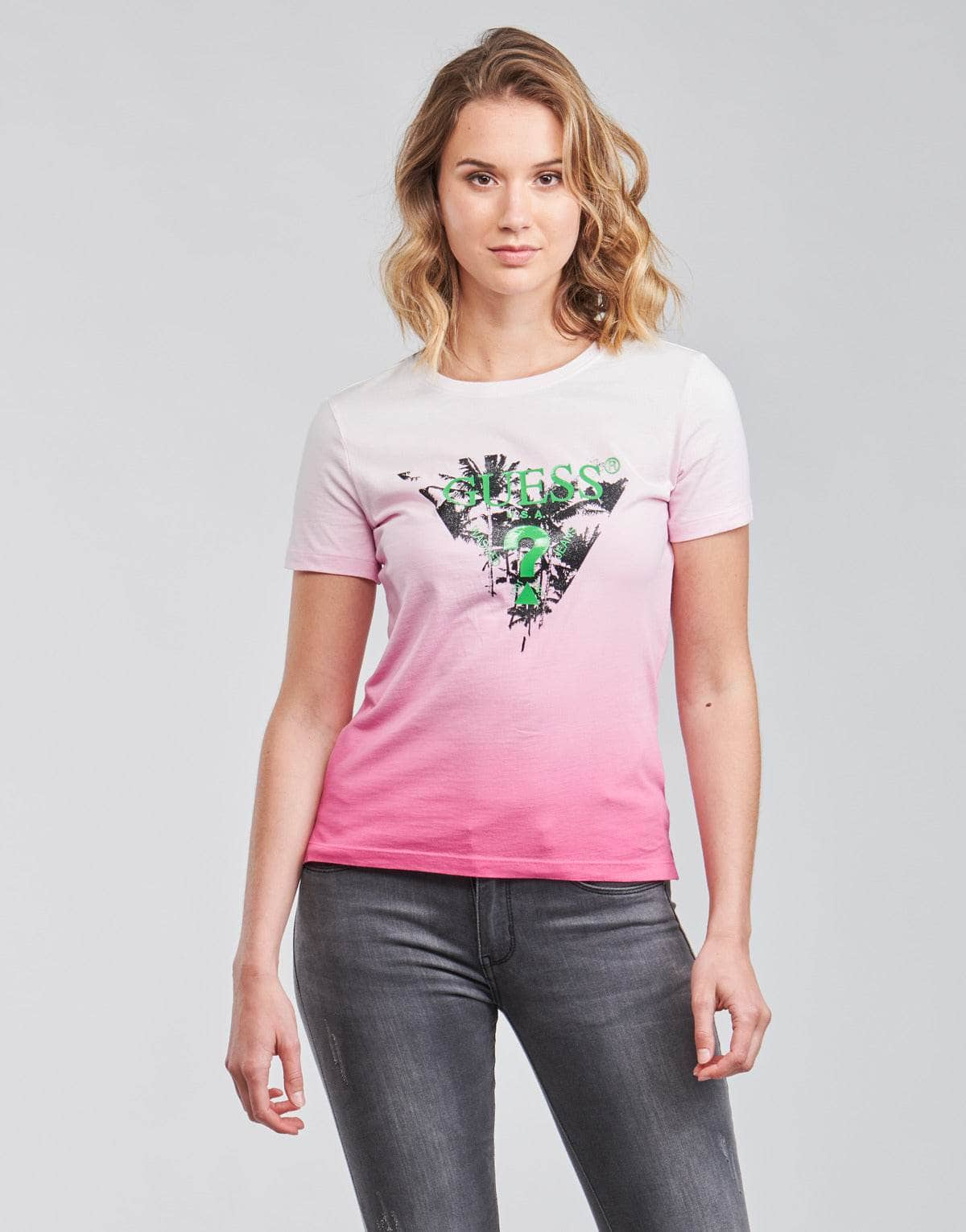 T-shirt Donna Guess  SS CN PALMS TEE  Rosa