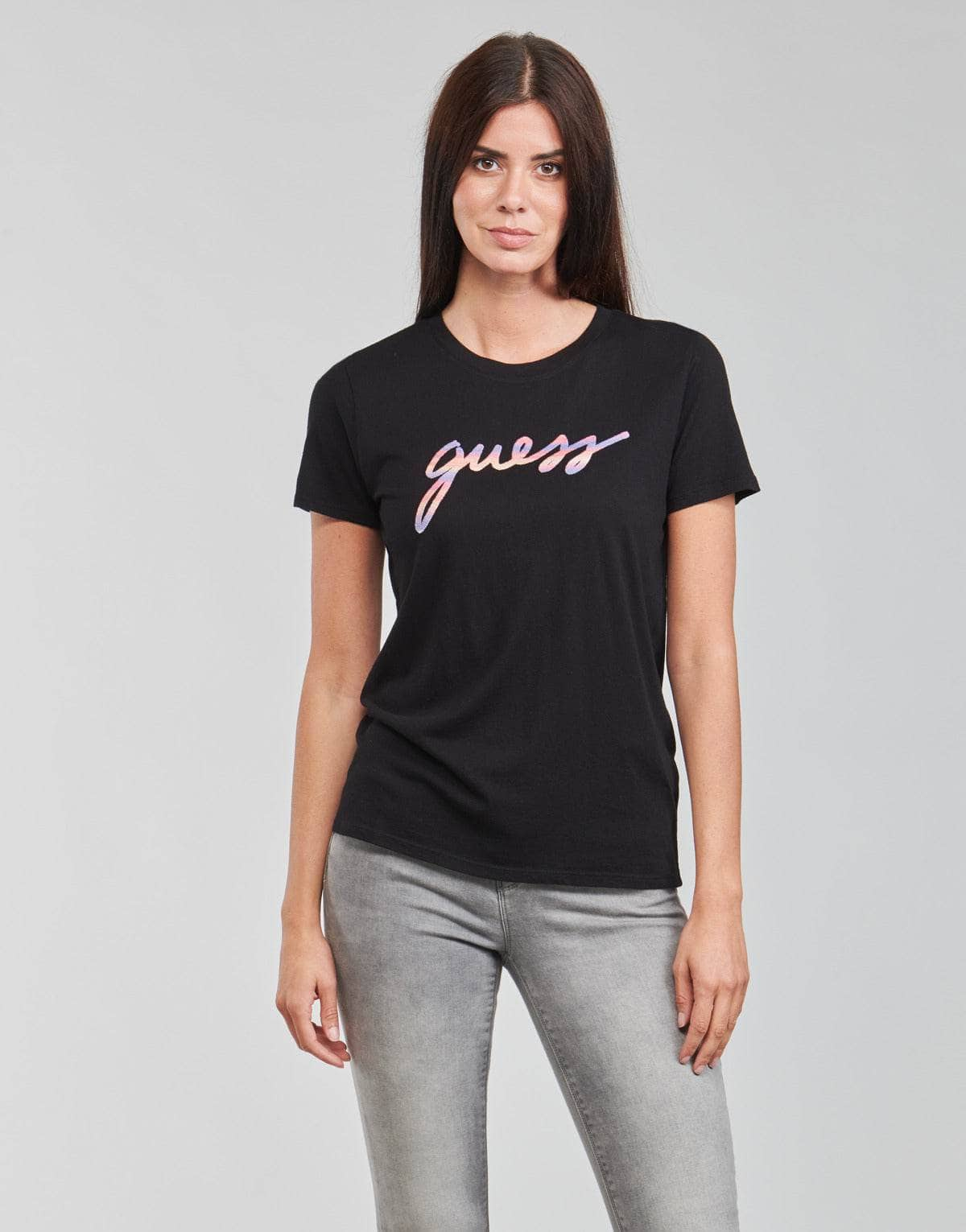 T-shirt Donna Guess  SS SUNSET GRADIENT LOGO  Nero