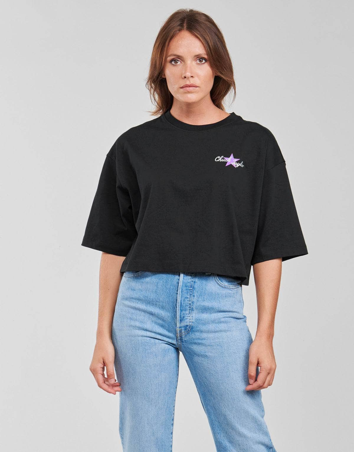 T-shirt Donna Converse  CHUCK INSPIRED HYBRID FLOWER OVERSIZED CROPPED TEE  Nero