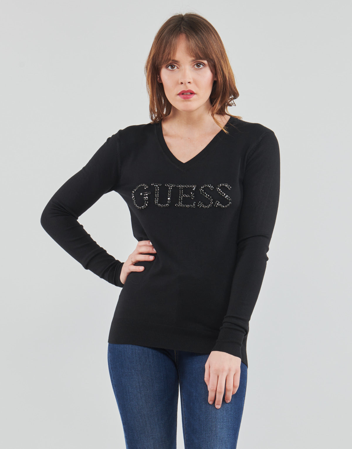 Maglione Donna Guess  ODETTE VN LS SWEATER  Nero