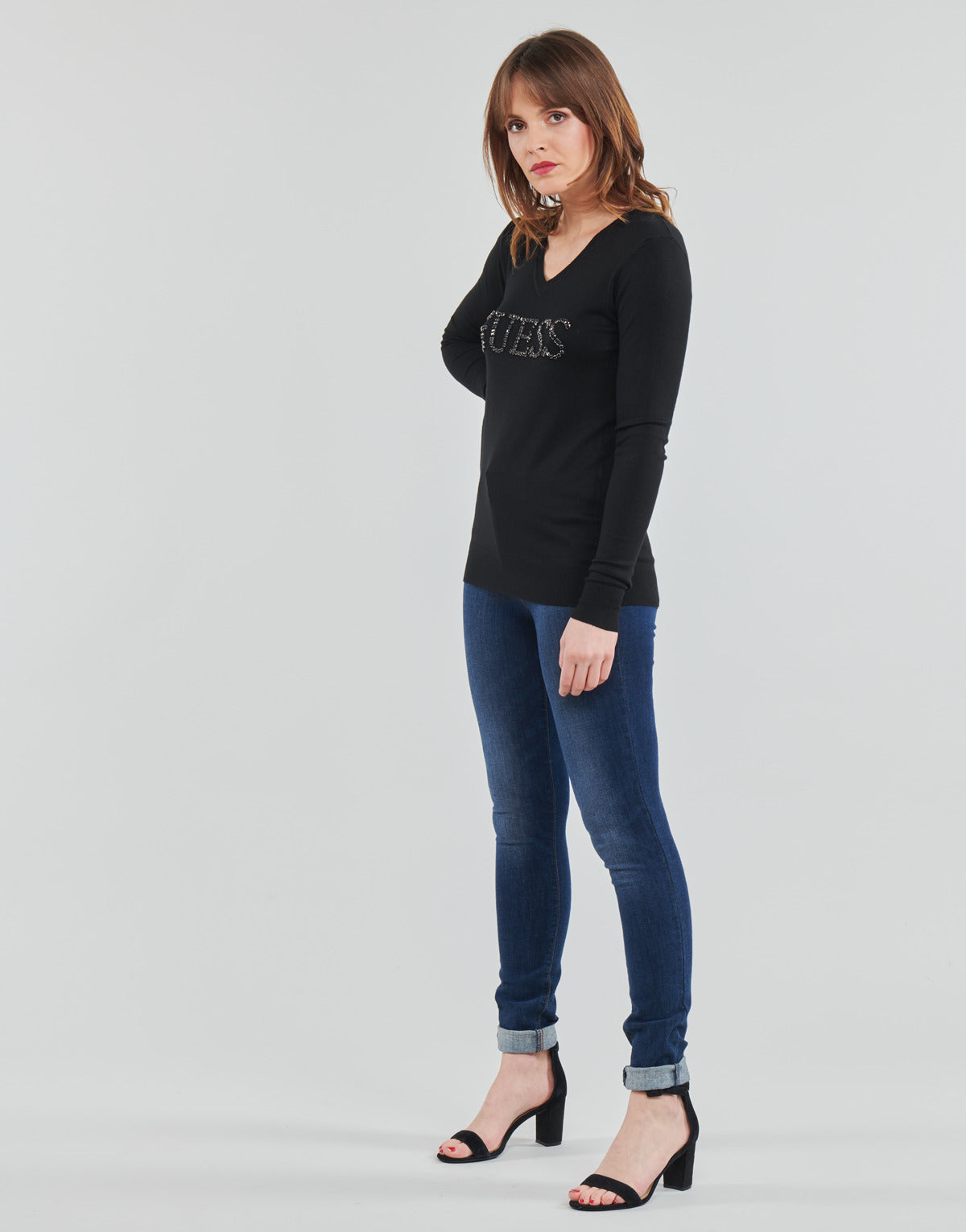 Maglione Donna Guess  ODETTE VN LS SWEATER  Nero