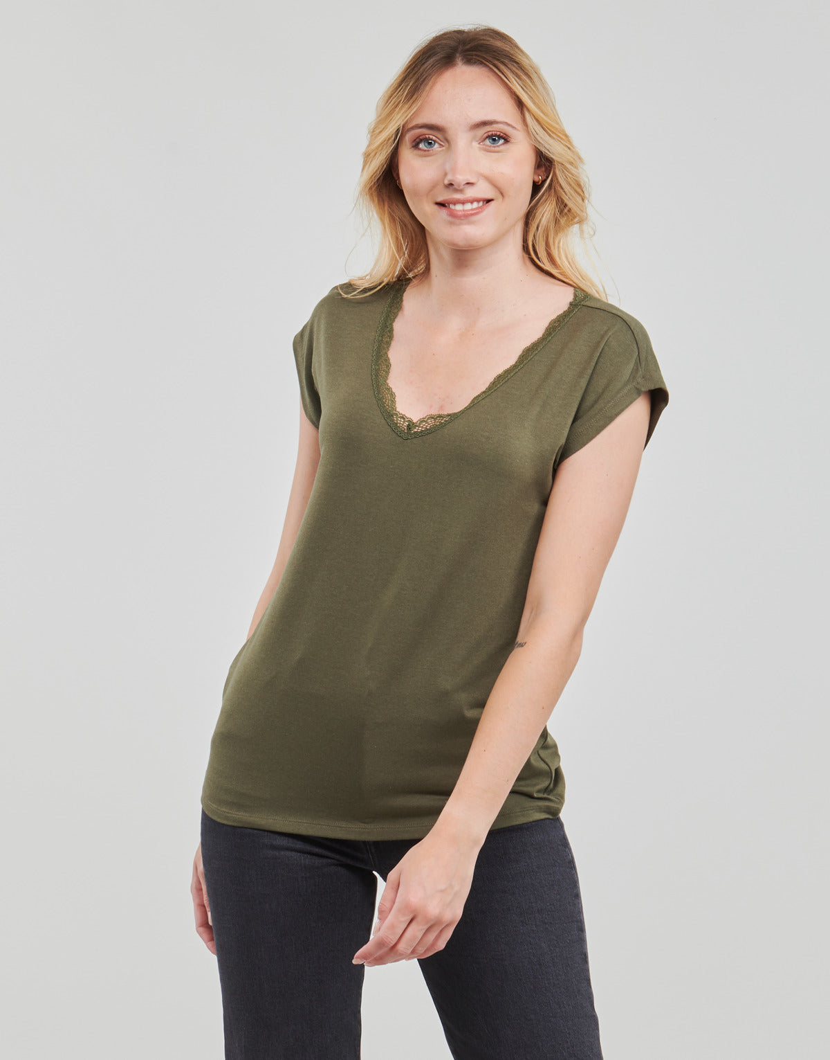 Camicetta Donna Only  ONLMOSTER S/S LACE V-NECK TOP CS JRS  Verde