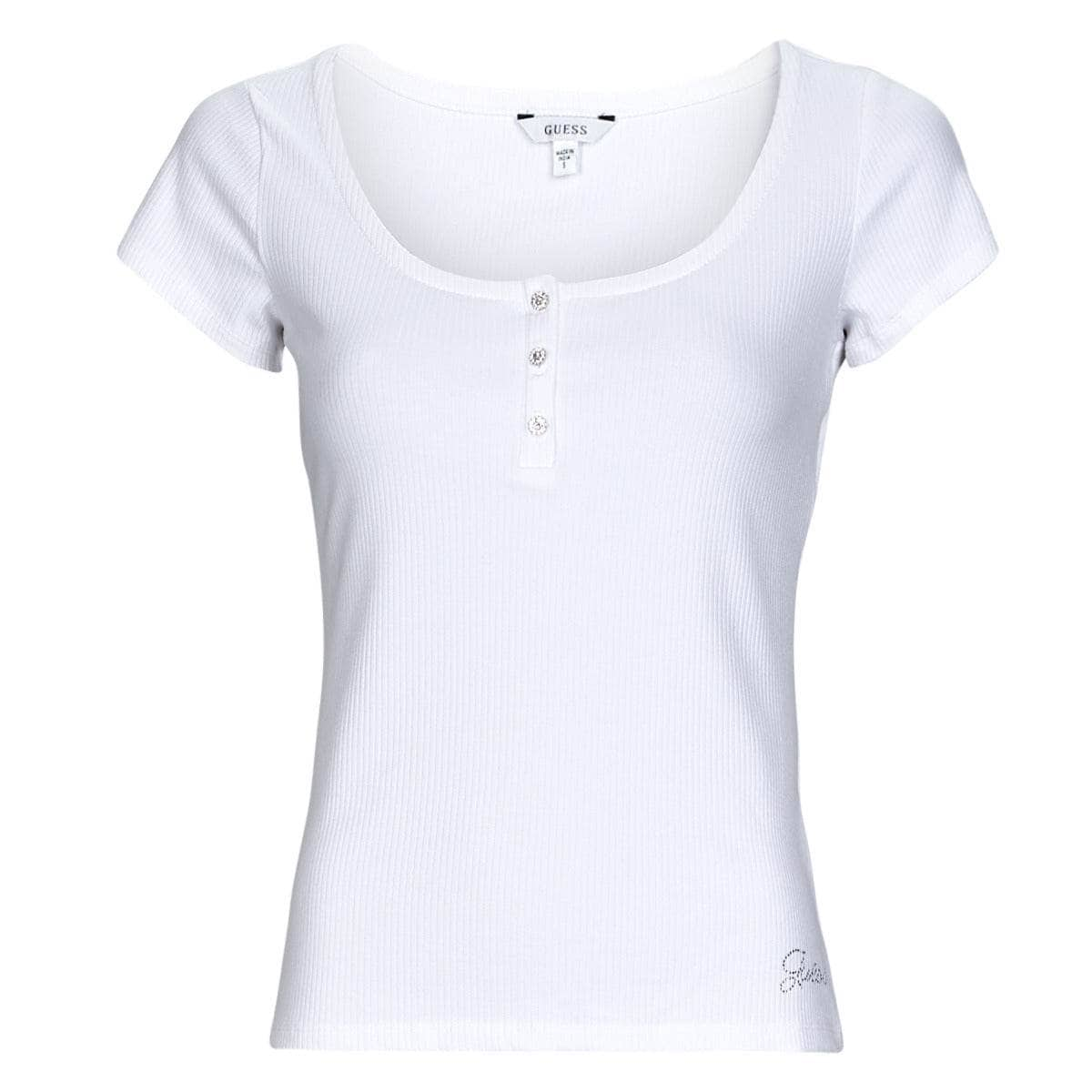 T-shirt Donna Guess  ES SS KARLEE JEWEL BTN HENLEY  Bianco