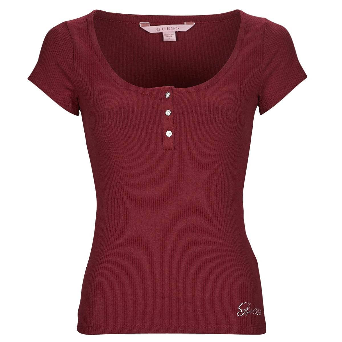 T-shirt Donna Guess  ES SS KARLEE JEWEL BTN HENLEY  Bordeaux