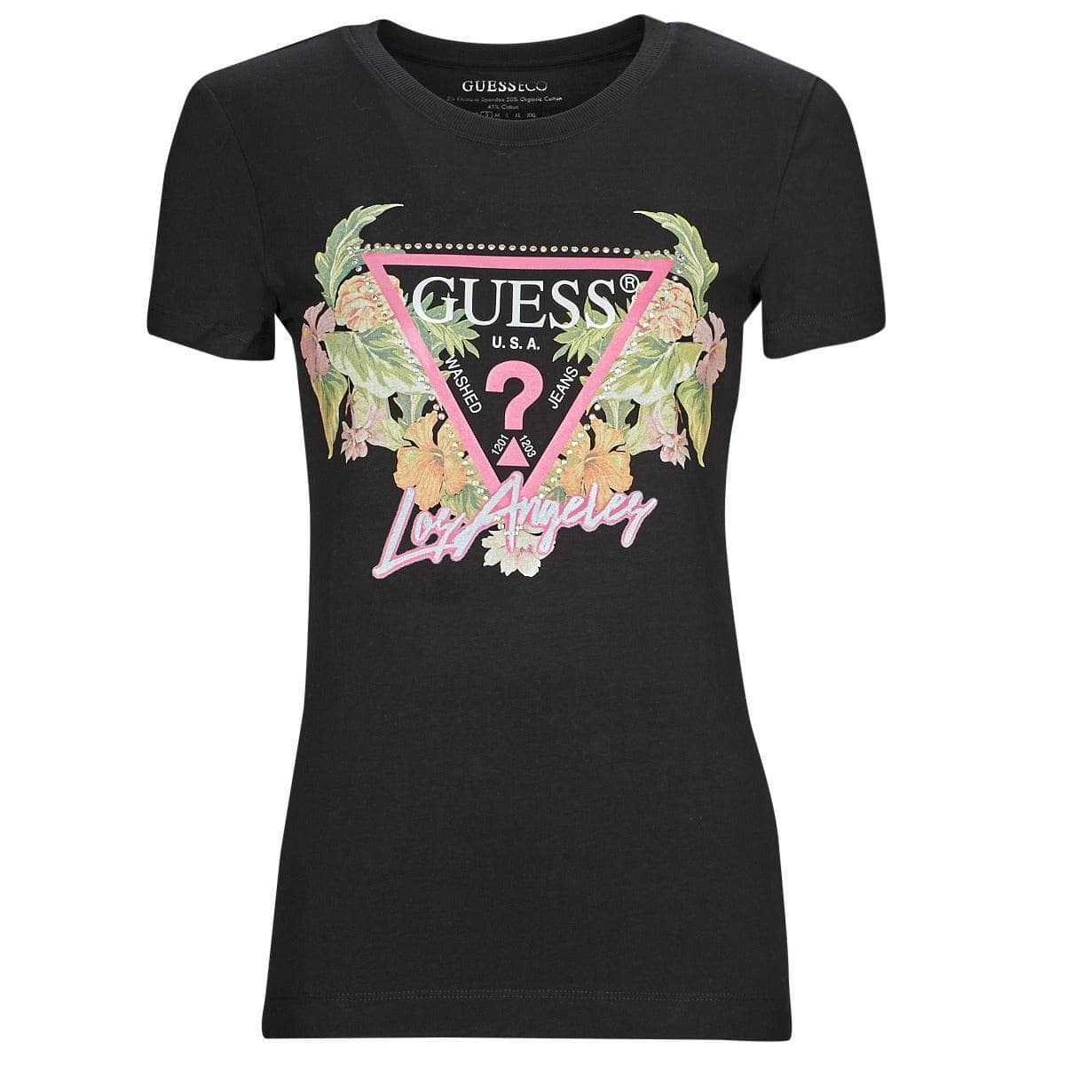 T-shirt Donna Guess  SS CN TRIANGLE FLOWERS TEE  Nero