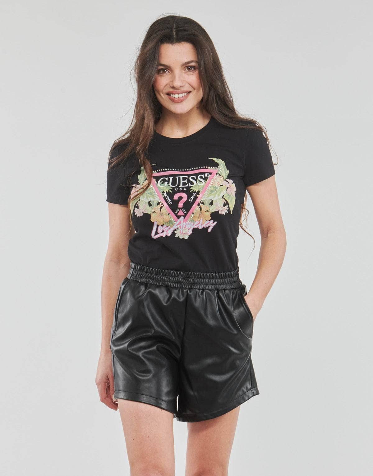 T-shirt Donna Guess  SS CN TRIANGLE FLOWERS TEE  Nero