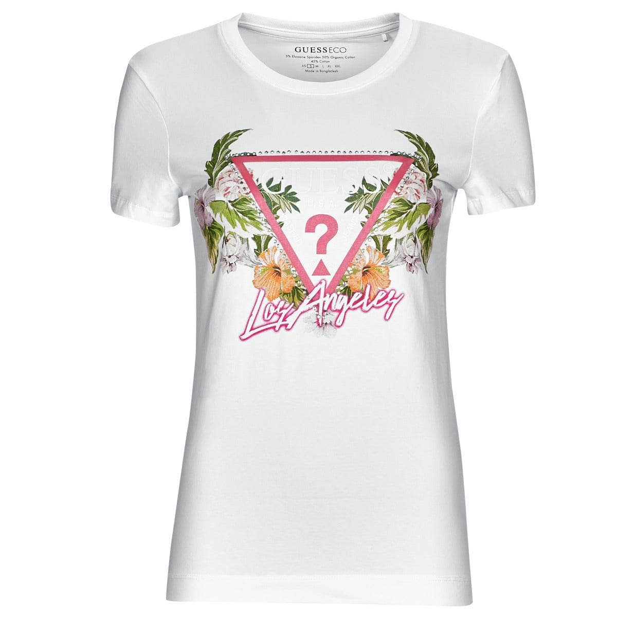 T-shirt Donna Guess  SS CN TRIANGLE FLOWERS TEE  Bianco