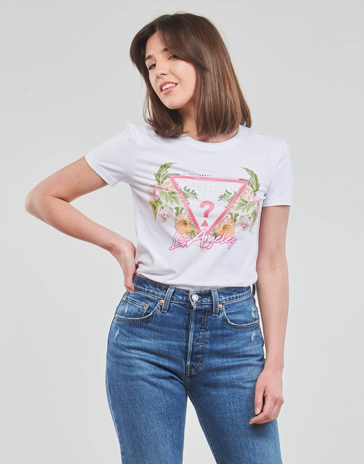 T-shirt Donna Guess  SS CN TRIANGLE FLOWERS TEE  Bianco