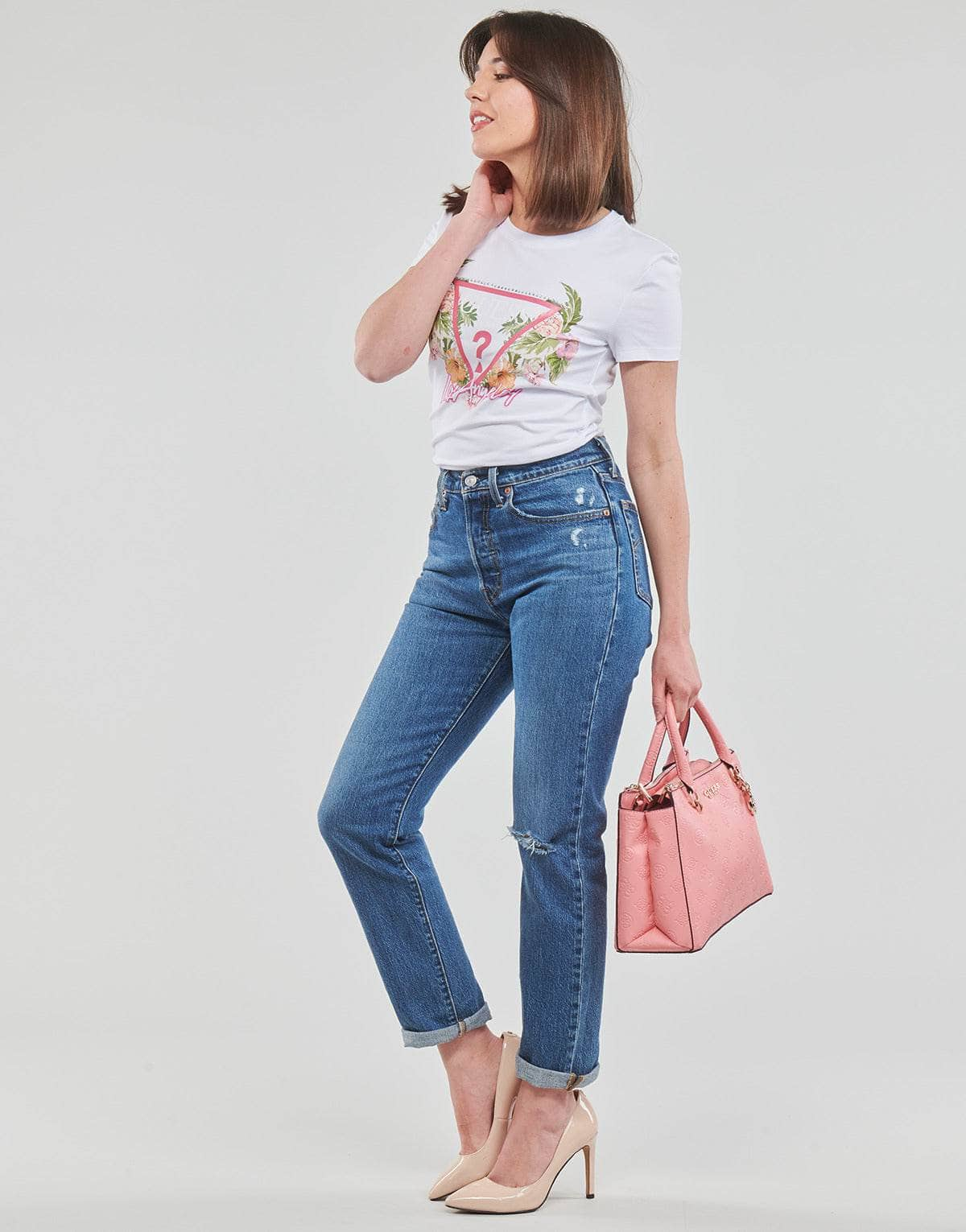 T-shirt Donna Guess  SS CN TRIANGLE FLOWERS TEE  Bianco