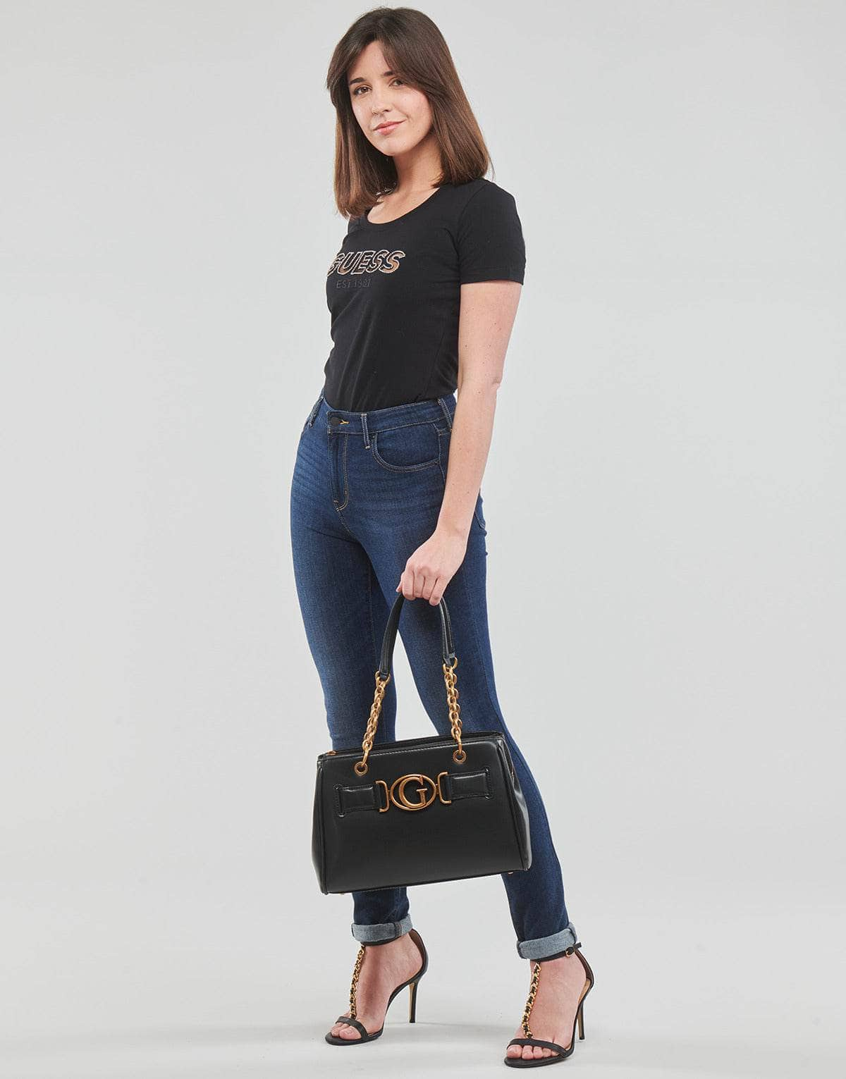 T-shirt Donna Guess  SS RN MESH LOGO TEE  Nero