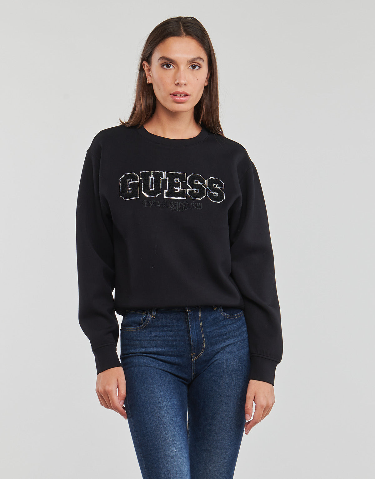 Felpa Donna Guess  CN EMBELLISHED LOGO  Nero